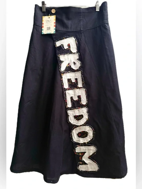 FREEDOM Patch A-Line Organic Cotton Boho Statement Midi Skirt Artisan Bottom S/M - Picture 6 of 11